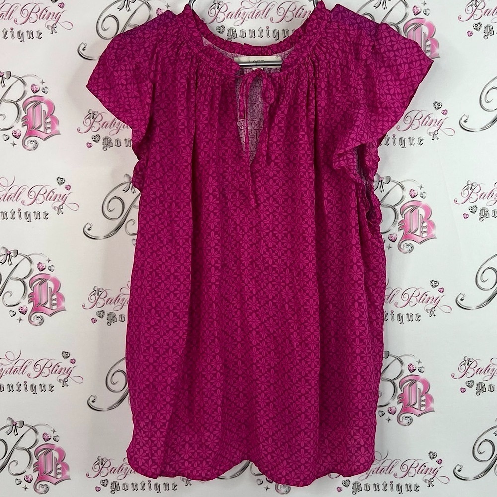 LOFT top shirt floral flowers tie up ribbon Magenta Blouse with Keyhole Tie